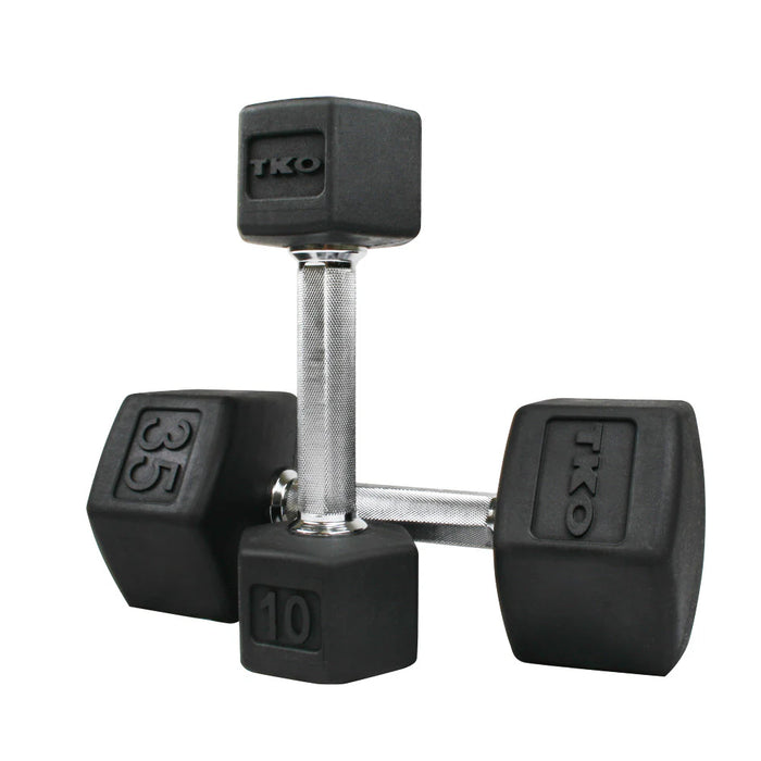 TKO Strength S6230 Rubber Hex Dumbbell Set with Three-Tier Rail Rack
