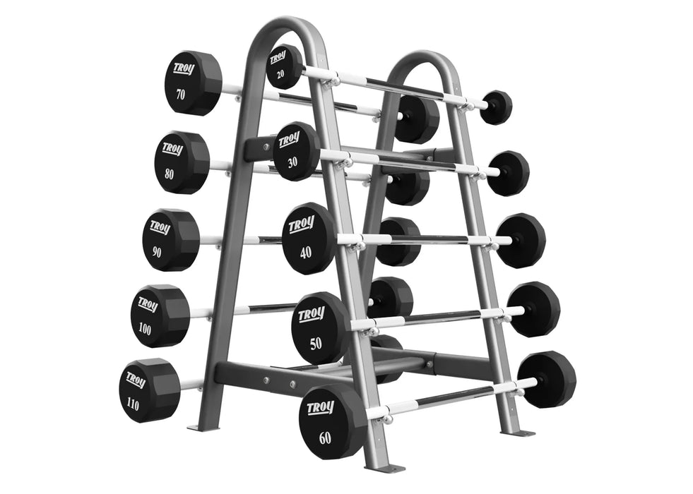 Troy 12-Sided Straight Rubber Barbell Set with Storage Rack | COMMPAC-TSBR-110