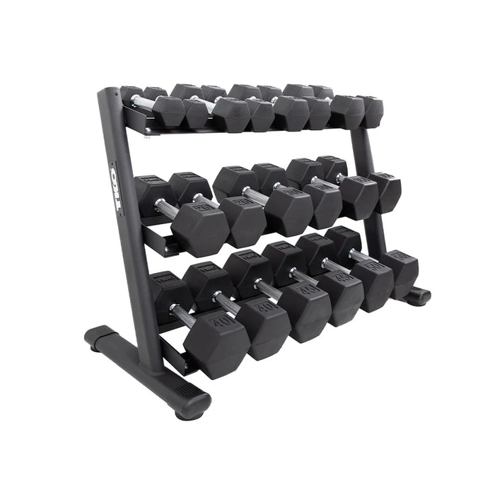 TKO Rubber Hex Dumbbell Set with 3-Tier Rail Rack | S6230