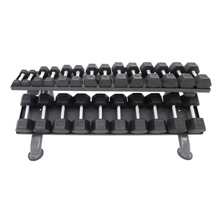 TKO Rubber Hex Dumbbell Set with 2-Tier Horizontal Rack | S889