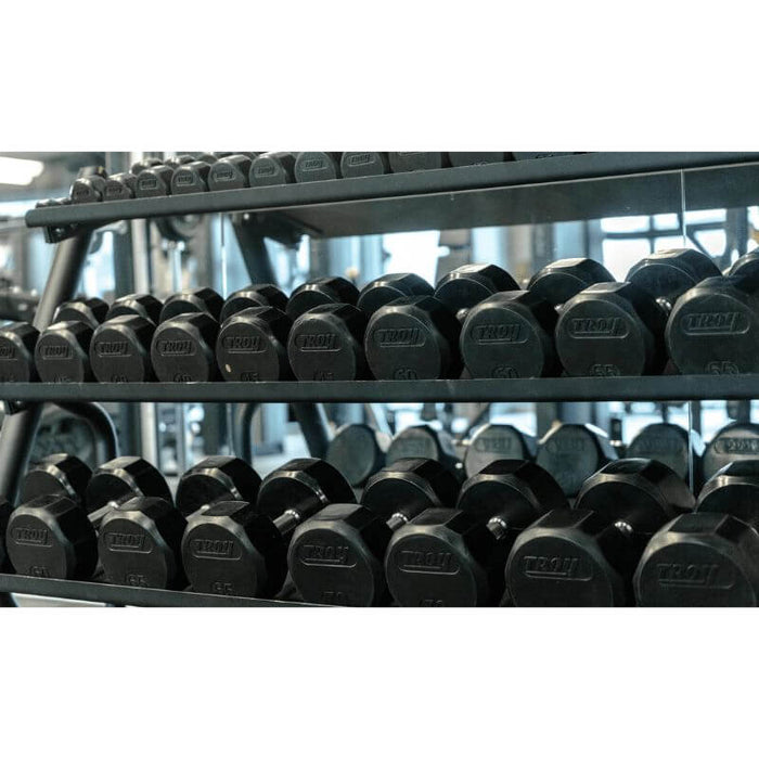 Troy 12-Sided Rubber Dumbbell Set with Storage Rack | VERTPAC-TSDR75